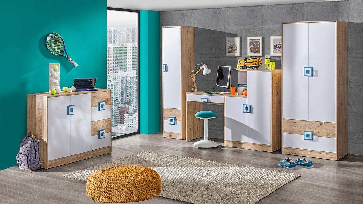 Riidekapp Balvire 102 (Hele tamm + Valge + Türkiis)