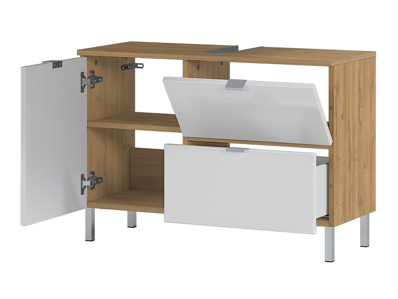 Vannitoa põrandakapp kraanikausile Lomcamo 101 (Läikiv valge + Grandson tamm)