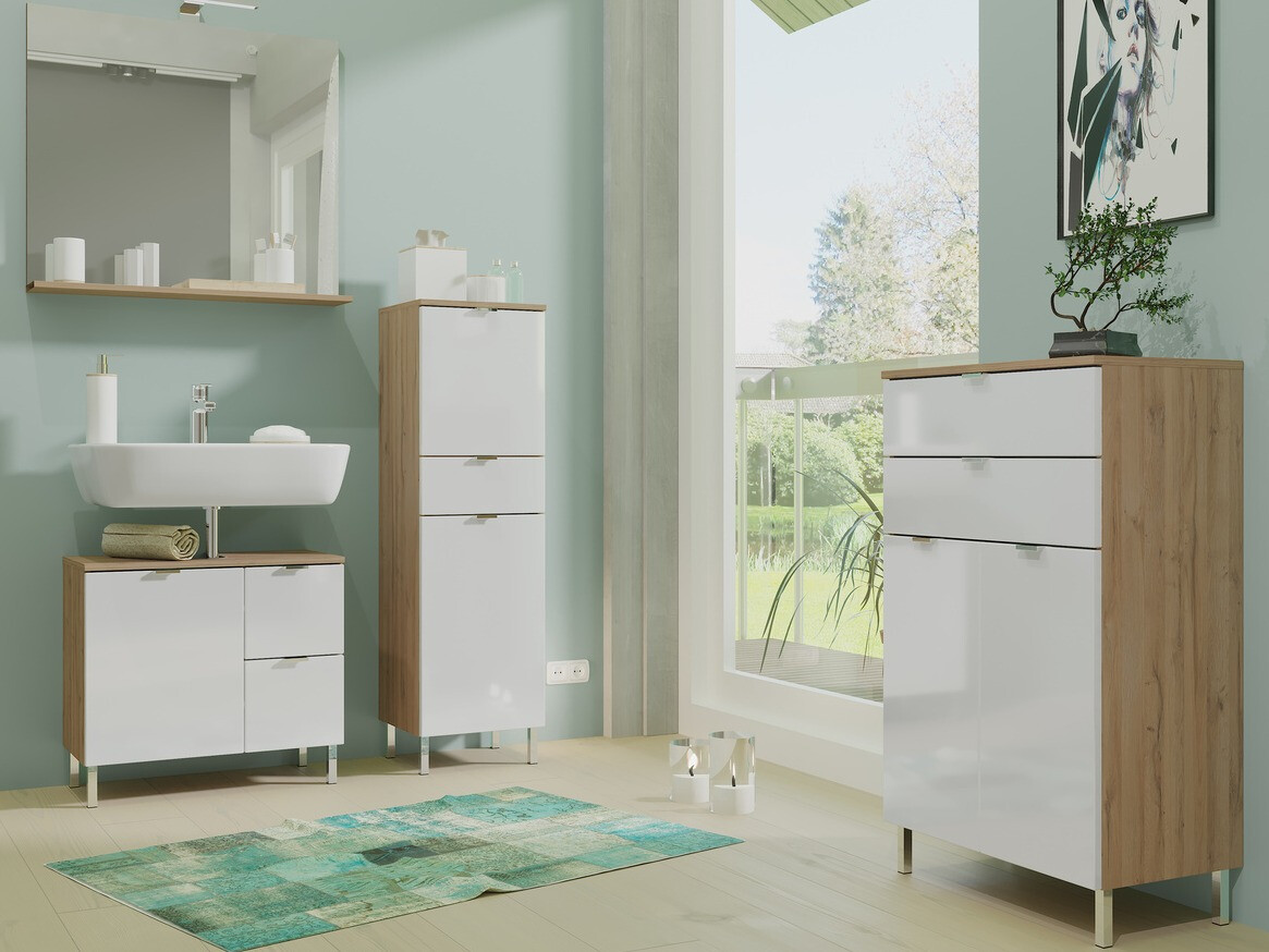 Vannitoa põrandakapp kraanikausile Lomcamo 101 (Läikiv valge + Grandson tamm)