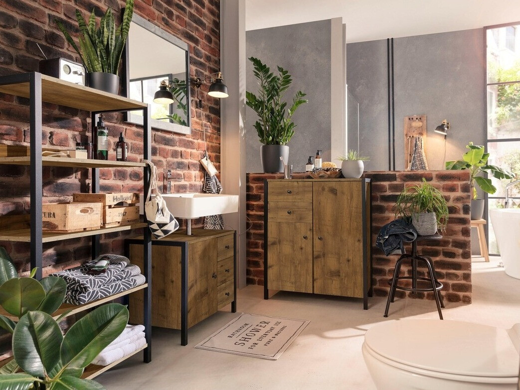 Vannitoa põrandakapp kraanikausile Larnovo 105 (Tume tamm + Must)