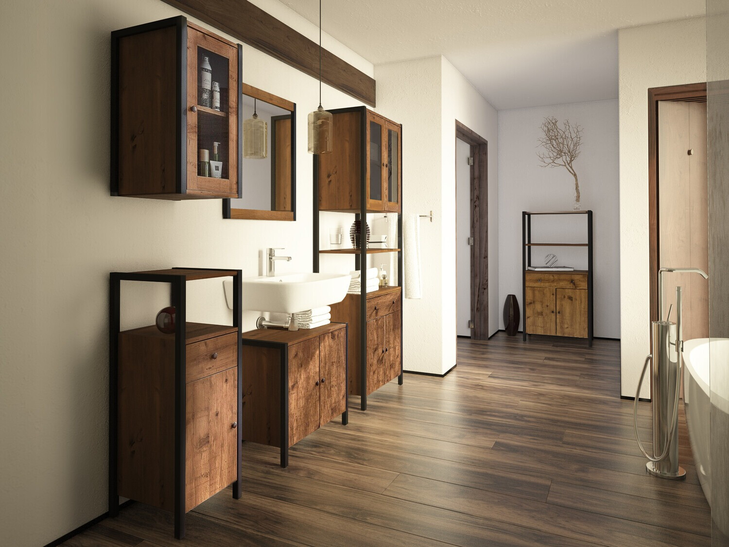 Vannitoa põrandakapp Larnovo 112 (Tume tamm + Must)