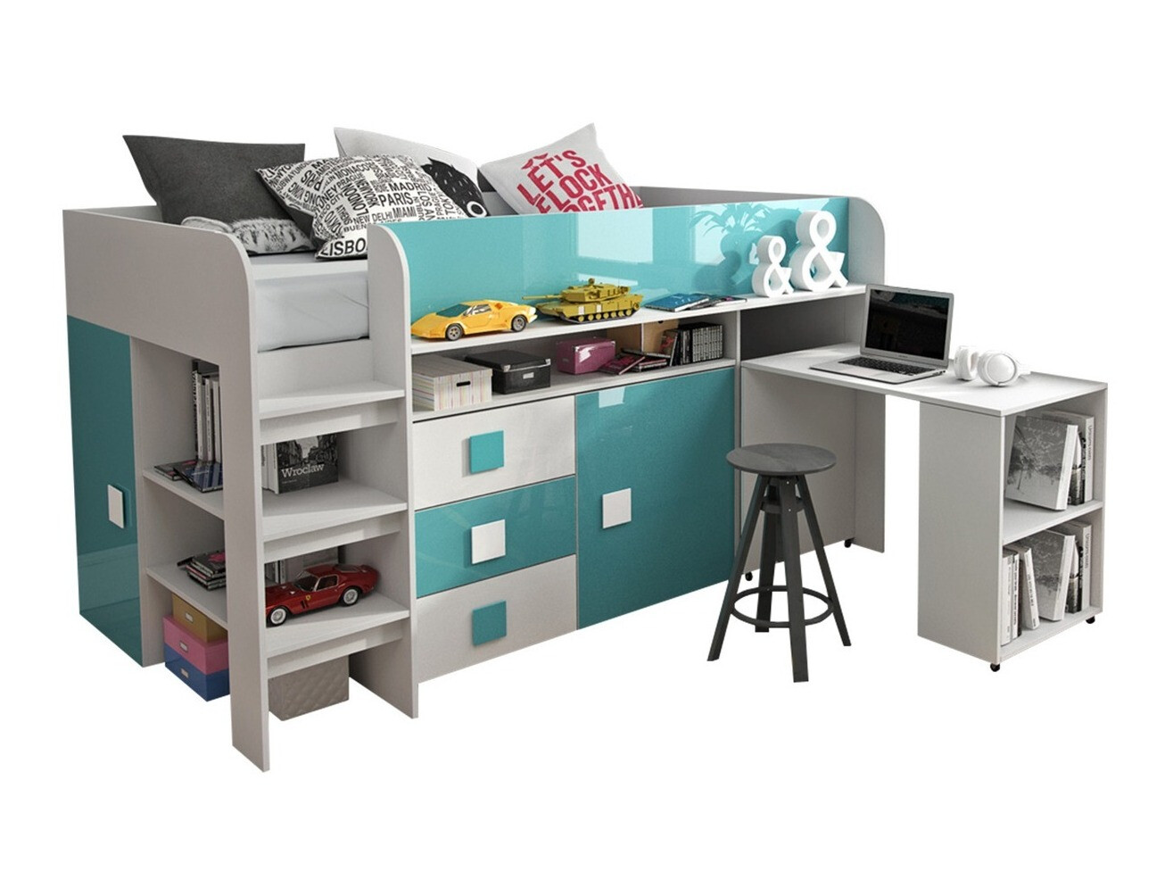 Voodi Hartford 190 (Valge + läige Türkiis + Läikiv valge)