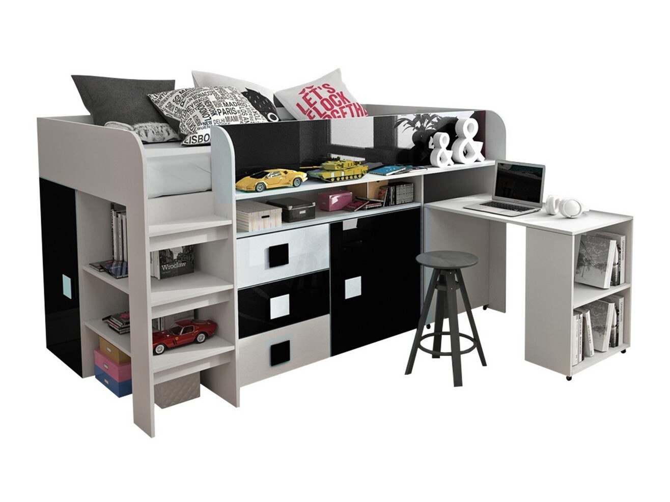 Voodi Hartford 190 (Valge + Läikiv must + Läikiv valge)