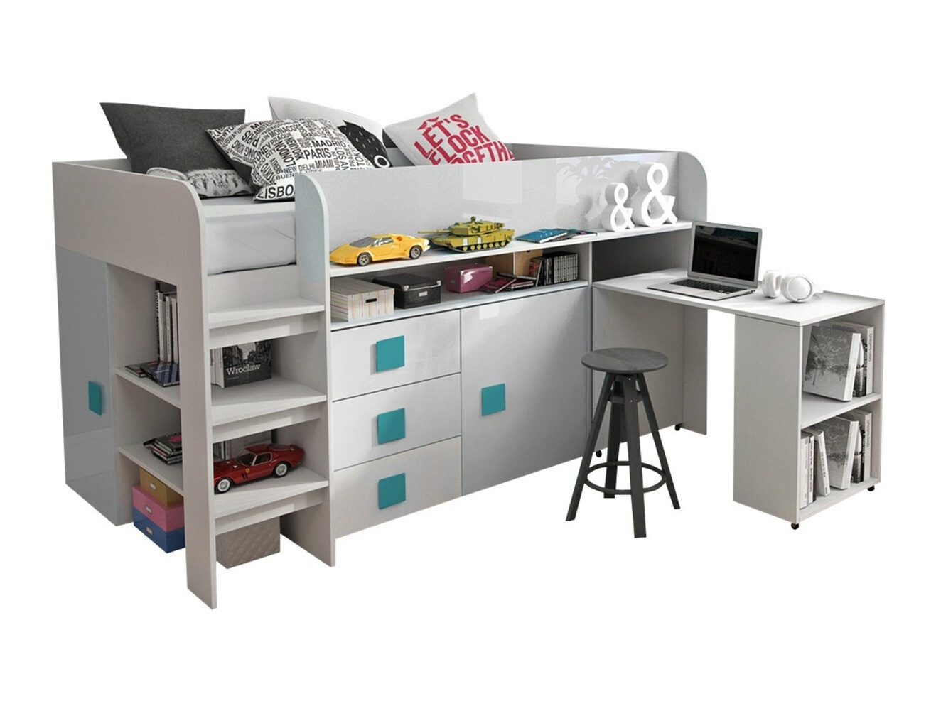 Voodi Hartford 190 (Valge + Läikiv valge + läige Türkiis)