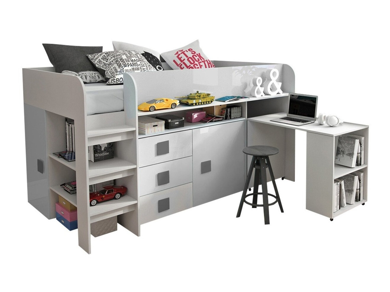 Voodi Hartford 190 (Valge + Läikiv valge + Läikiv hall)