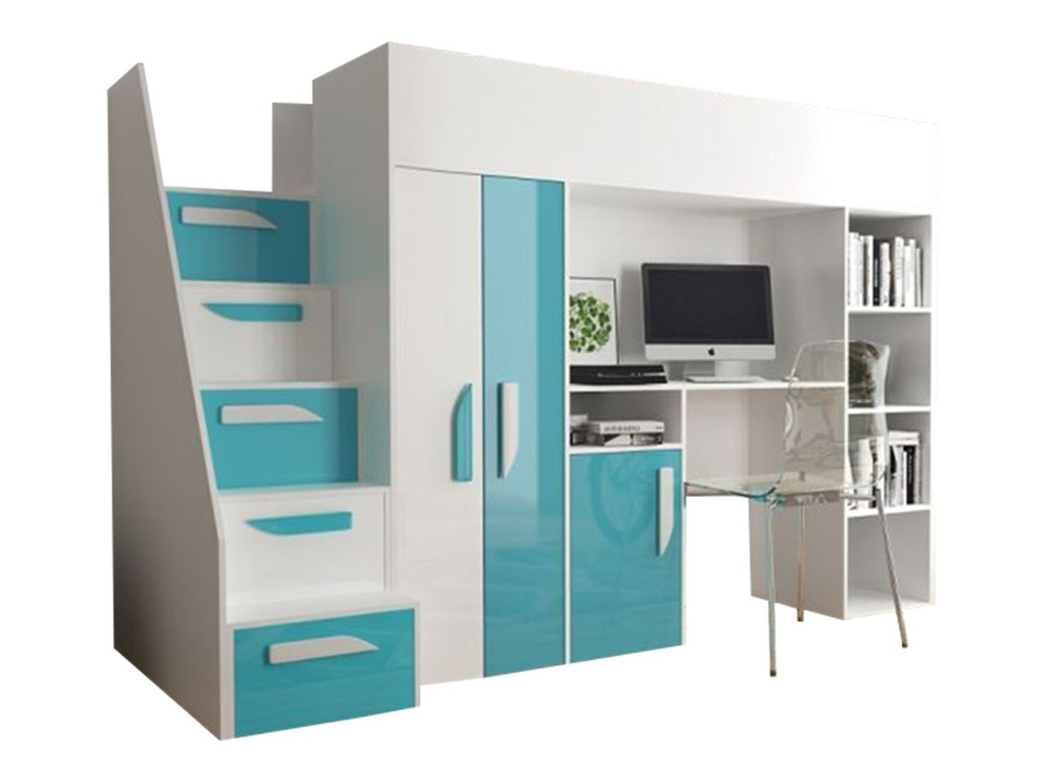 Kõrge voodi Hartford 192 (Valge + Läige Türkiis + Läikiv valge)