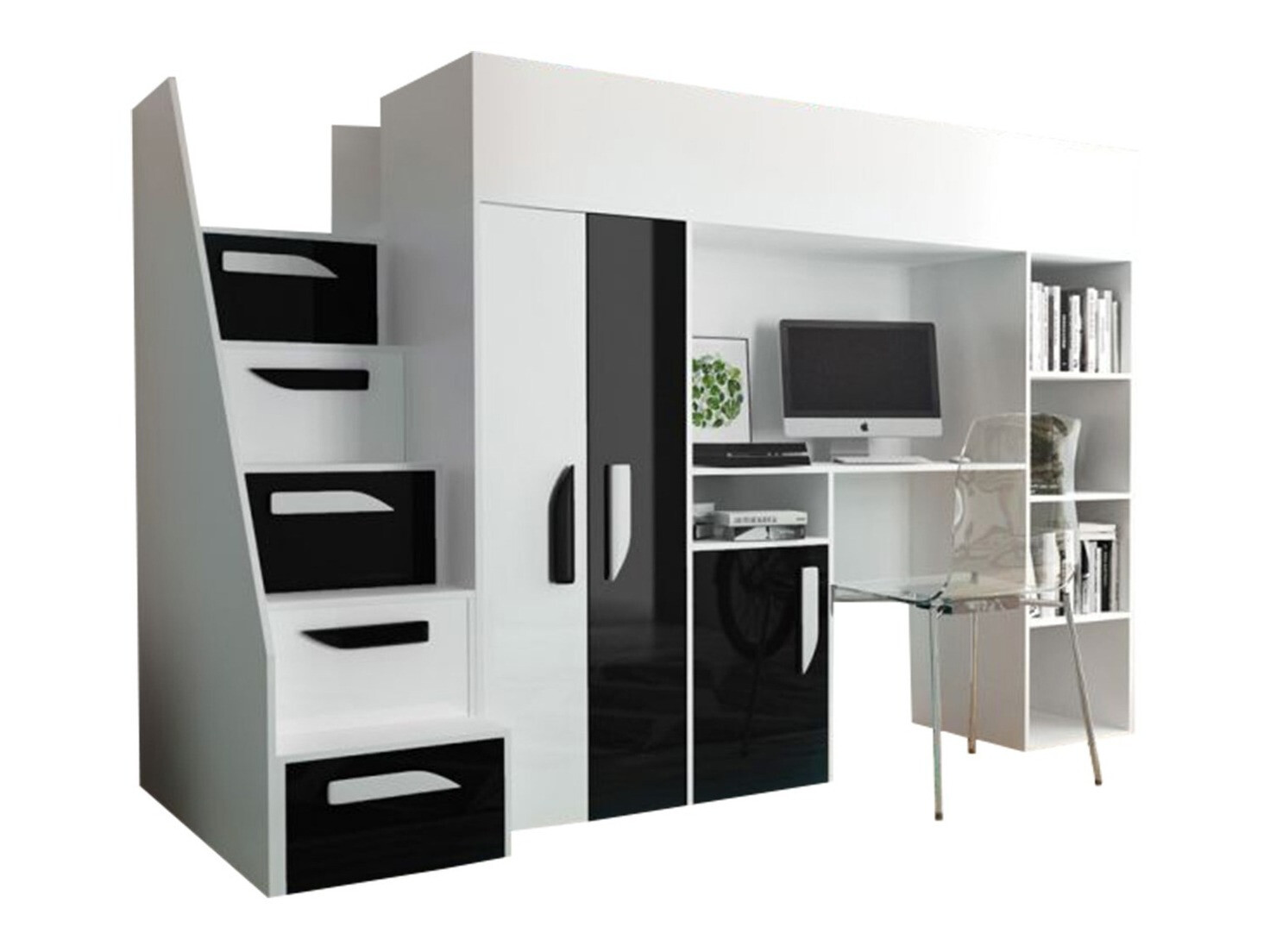 Kõrge voodi Hartford 192 (Valge + Läikiv must + Läikiv valge)