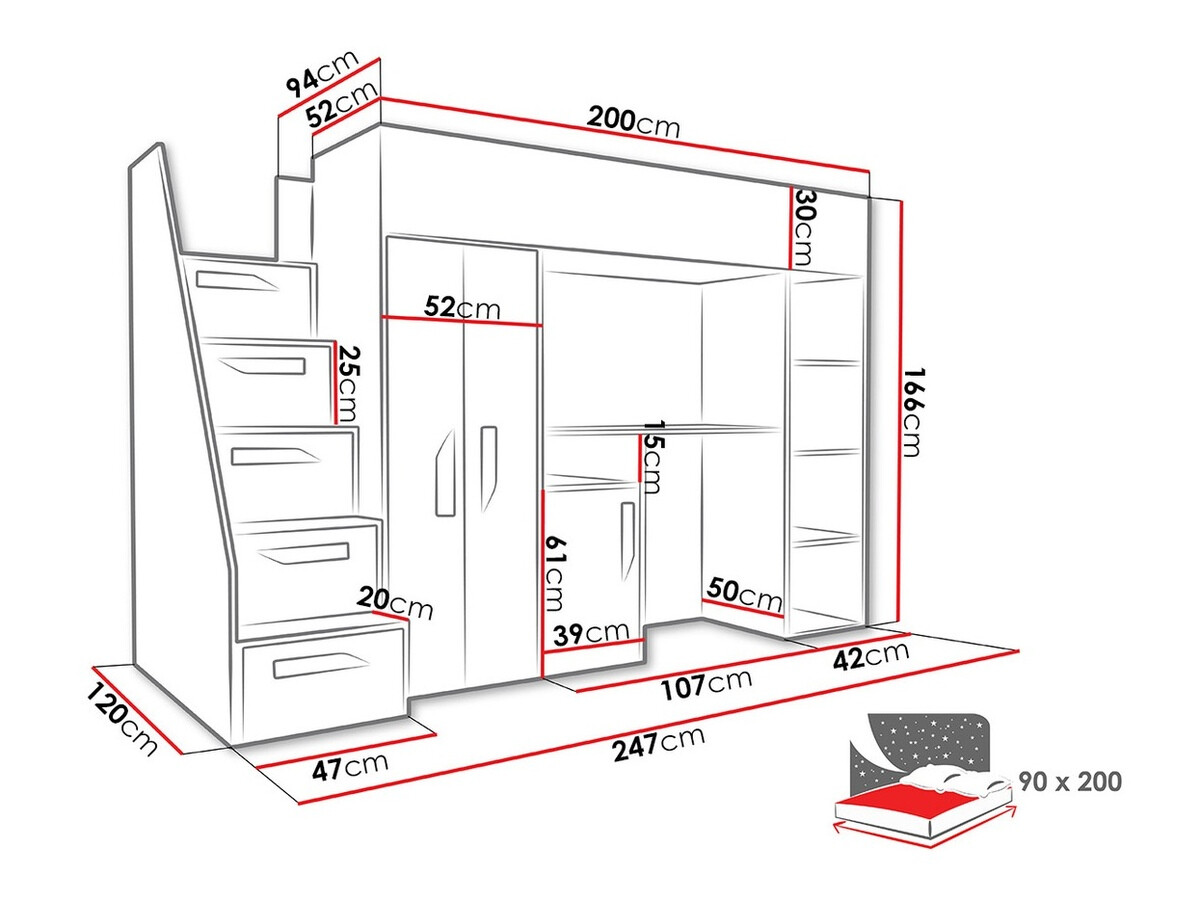 Kõrge voodi Hartford 192 (Valge + Läikiv valge + Läikiv must)