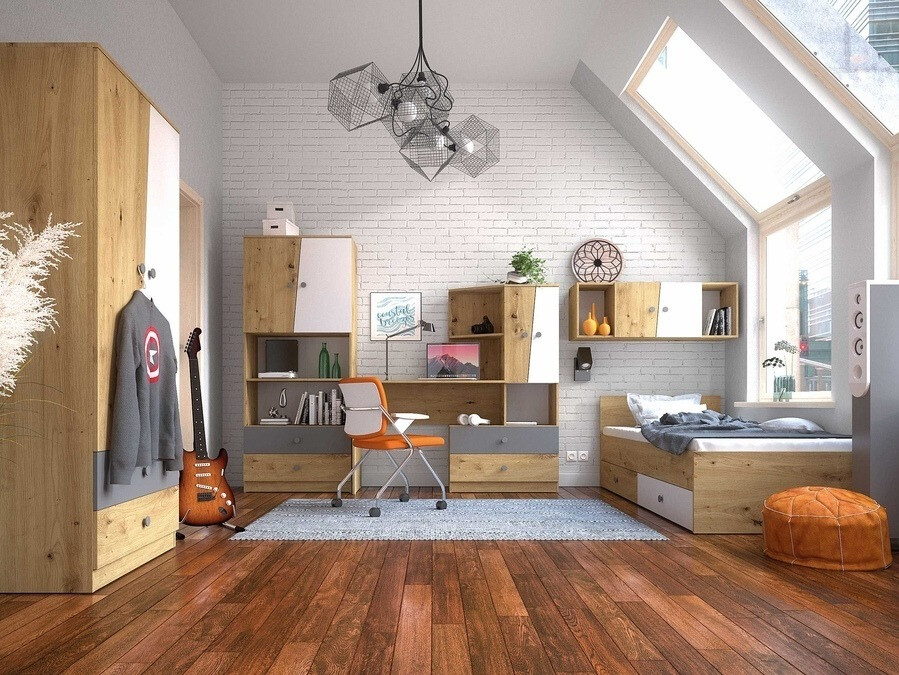 Voodi Mirelbu 112 (Artisan tamm + Läikiv valge + Hall)