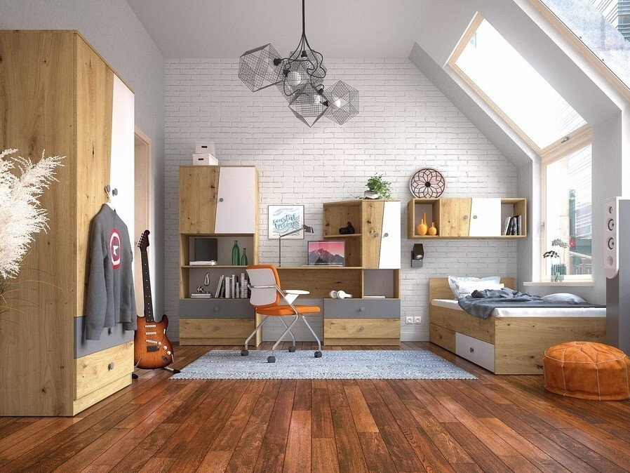 Voodi Mirelbu 112 (Artisan tamm + Läikiv valge + Must)