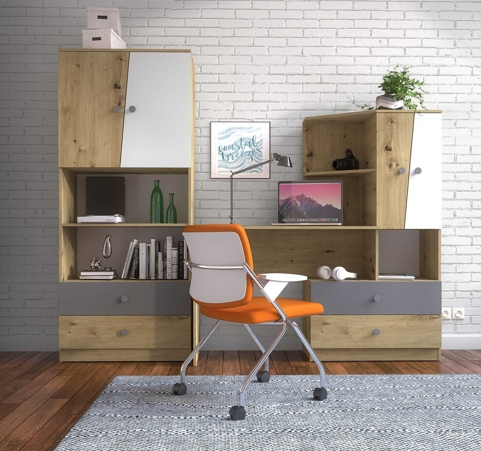 Kirjutuslaud Mirelbu 110 (Artisan tamm + Läikiv valge + Läikiv must)