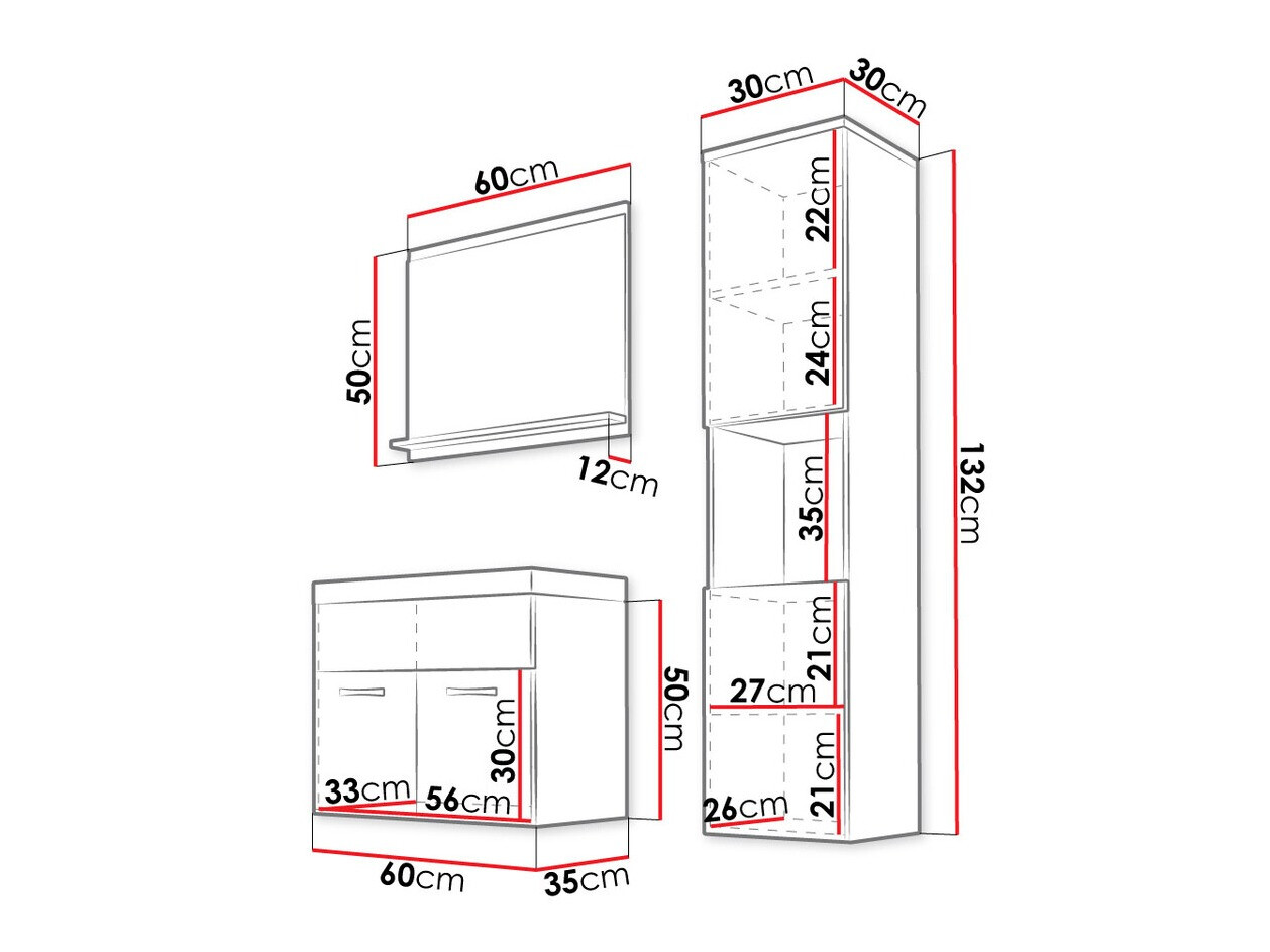 Vannitoakomplekt Sarasota 122 (Wotani tamm + Läikiv valge)