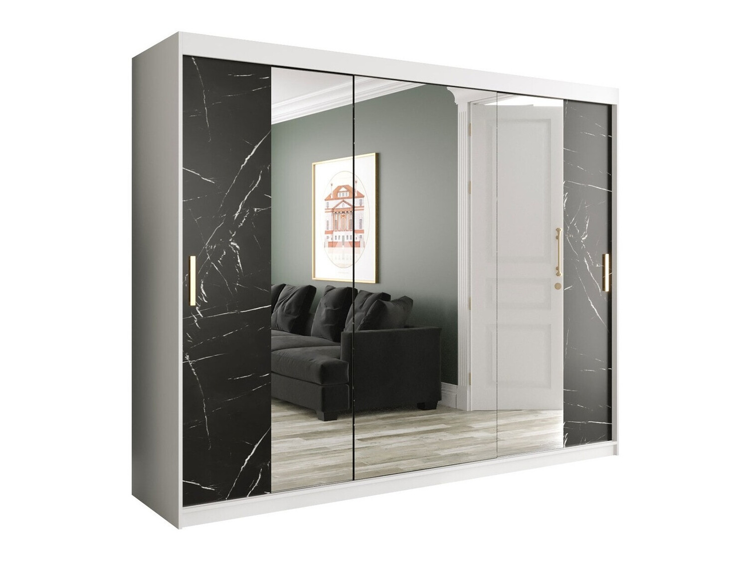 Riidekapp Hartford 263 (Matt valge + Must marmor)