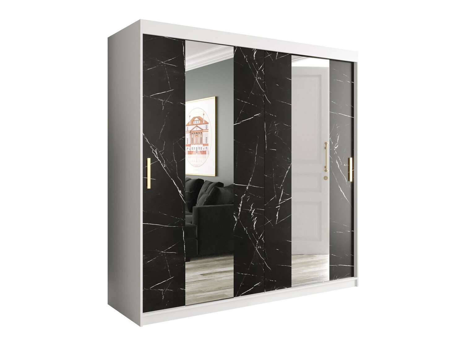 Riidekapp Hartford 244 (Matt valge + Must marmor)