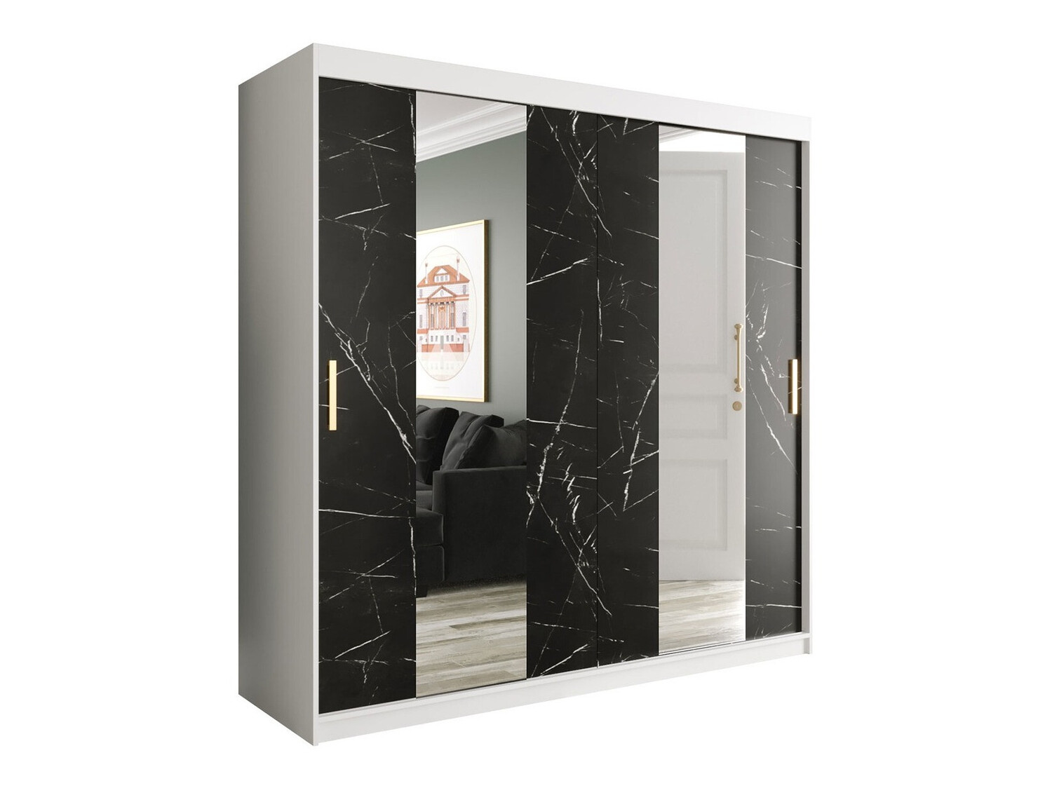 Riidekapp Hartford 244 (Matt valge + Must marmor)