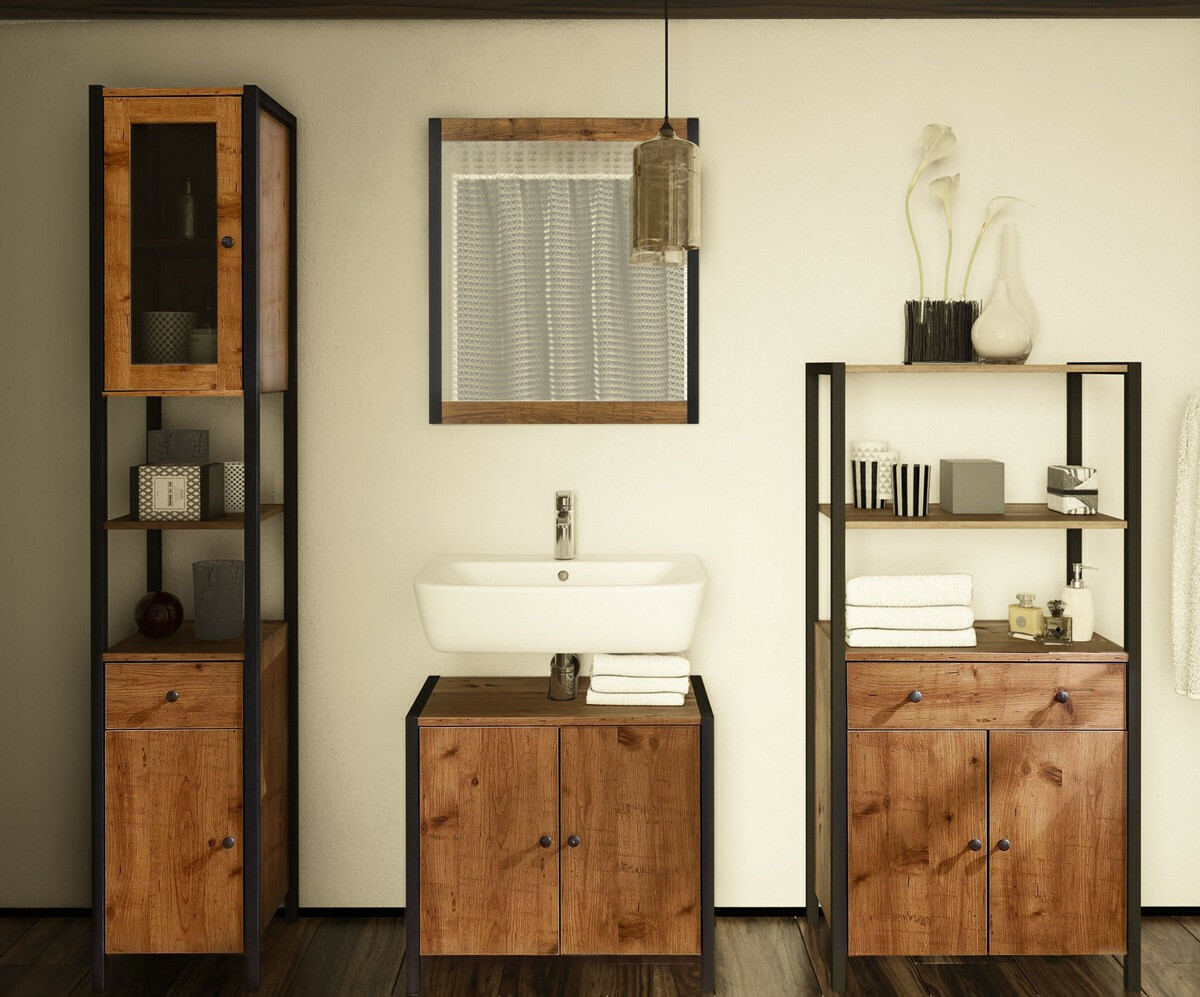 Vannitoa põrandakapp kraanikausile Larnovo 113 (Tume tamm + Must)