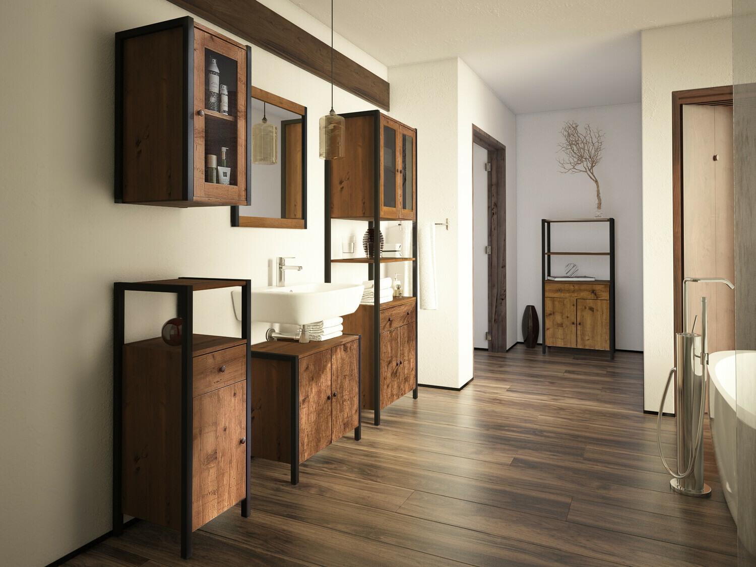 Vannitoa põrandakapp kraanikausile Larnovo 113 (Tume tamm + Must)