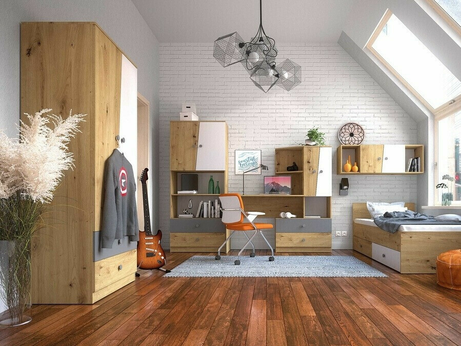 Riidekapp Mirelbu 100 (Artisan tamm + Läikiv valge + Läikiv must)