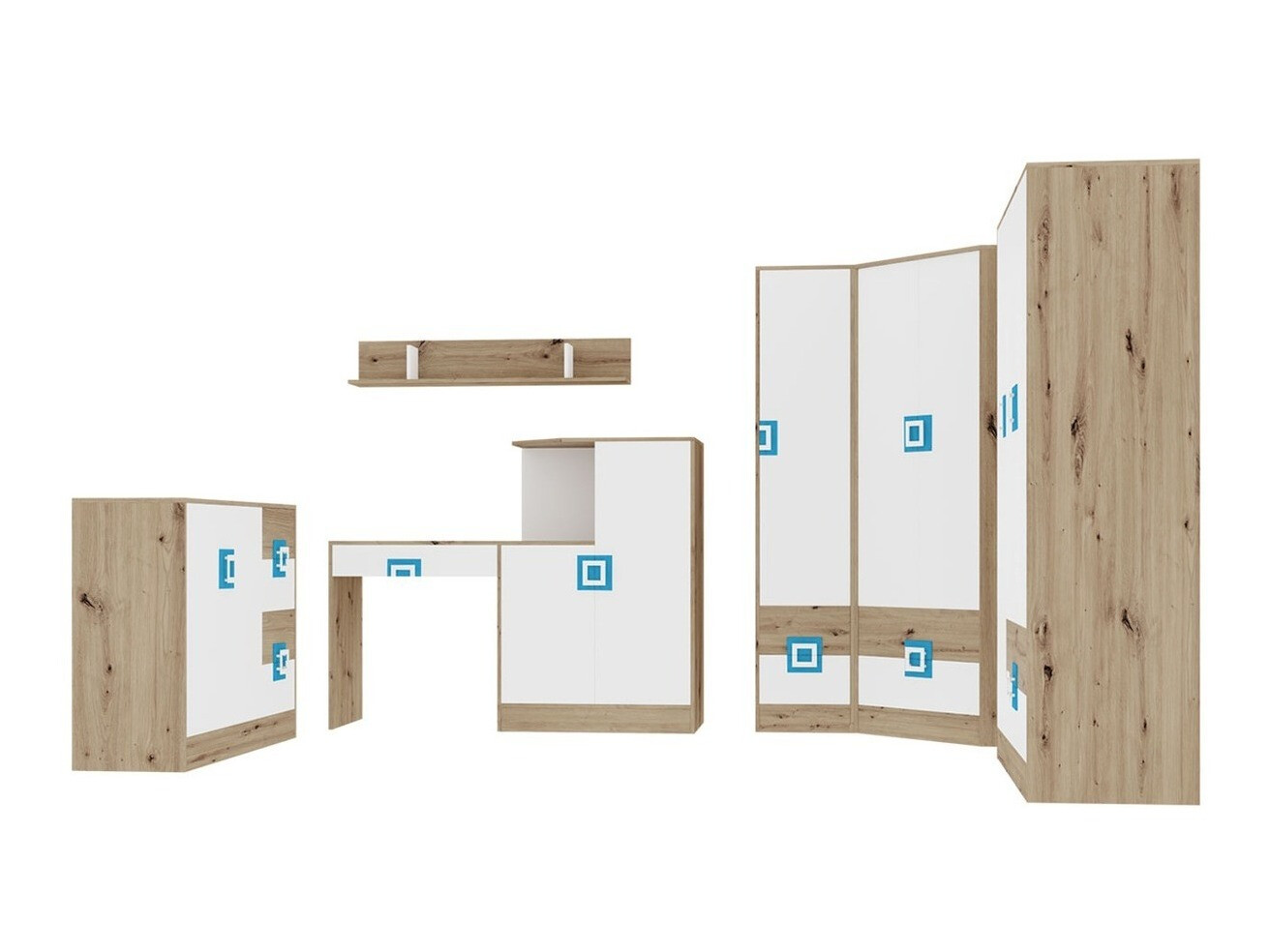 Mööblikomplekt Tolfere 106 (Hele tamm + Valge + Türkiis)