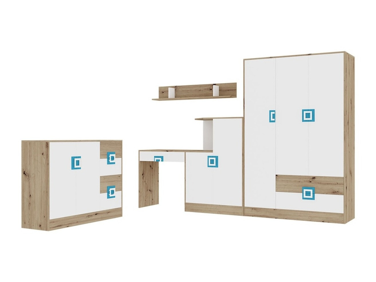 Mööblikomplekt Tolfere 107 (Hele tamm + Valge + Türkiis)