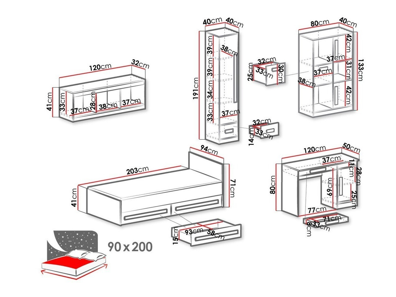 Lastetoa komplekt Merevari 108 (Valge + Läikiv valge + Hall)