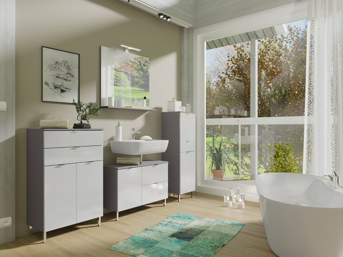 Vannitoa põrandakapp Lomcamo 102 (Läikiv valge + Grafiit)