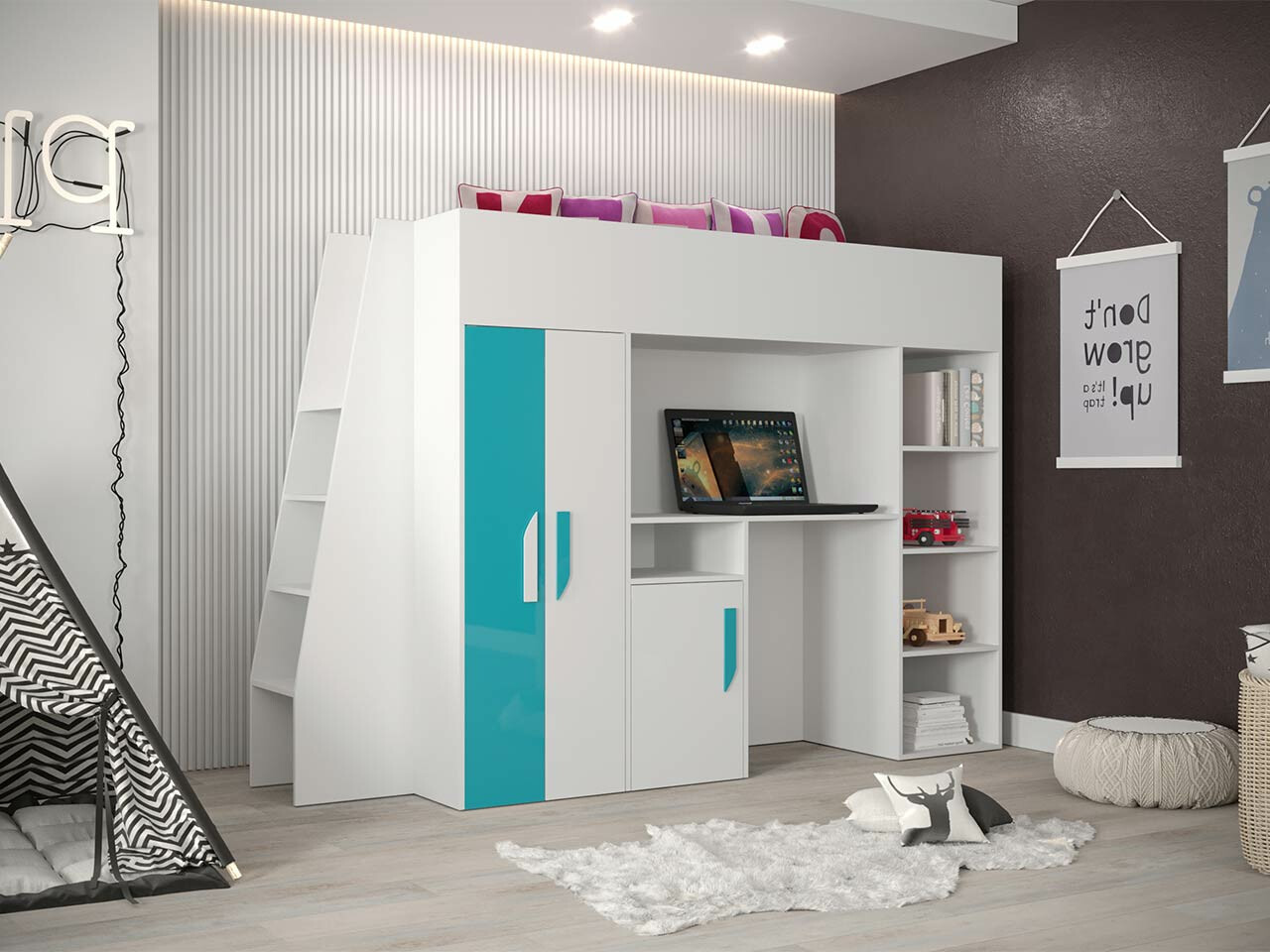 Kõrge voodi Hartford 355 (Valge + Läige Türkiis + Läikiv valge)