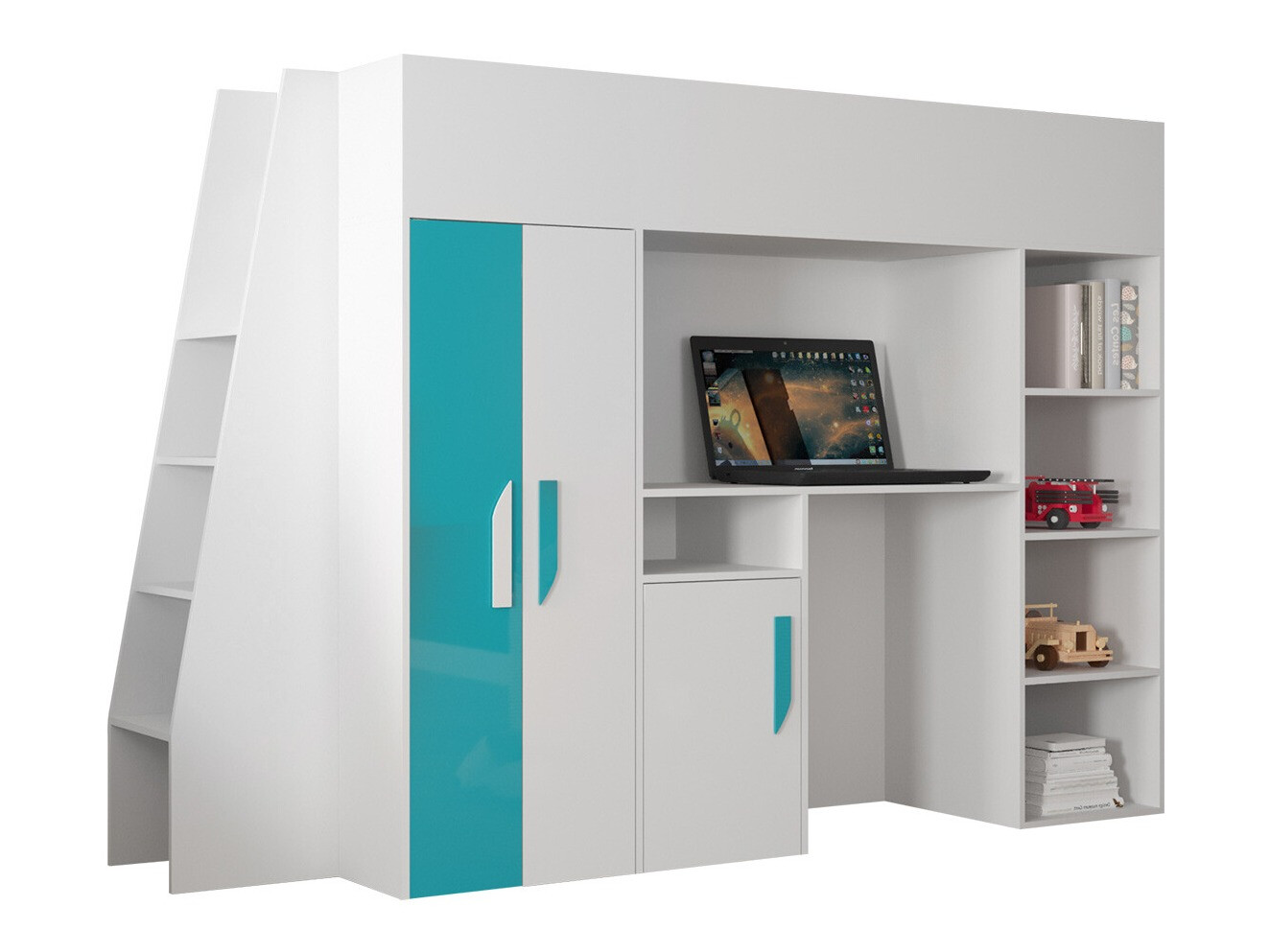 Kõrge voodi Hartford 355 (Valge + Läige Türkiis + Läikiv valge)