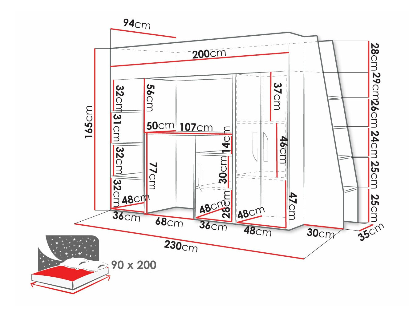 Kõrge voodi Hartford 355 (Valge + Läige Türkiis + Läikiv valge)