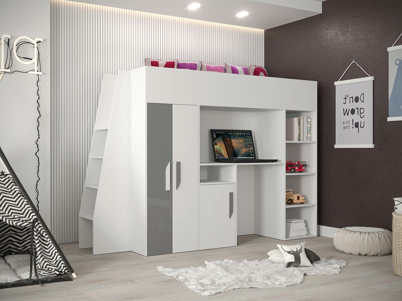 Kõrge voodi Hartford 355 (Valge + Läikiv hall + Läikiv valge)