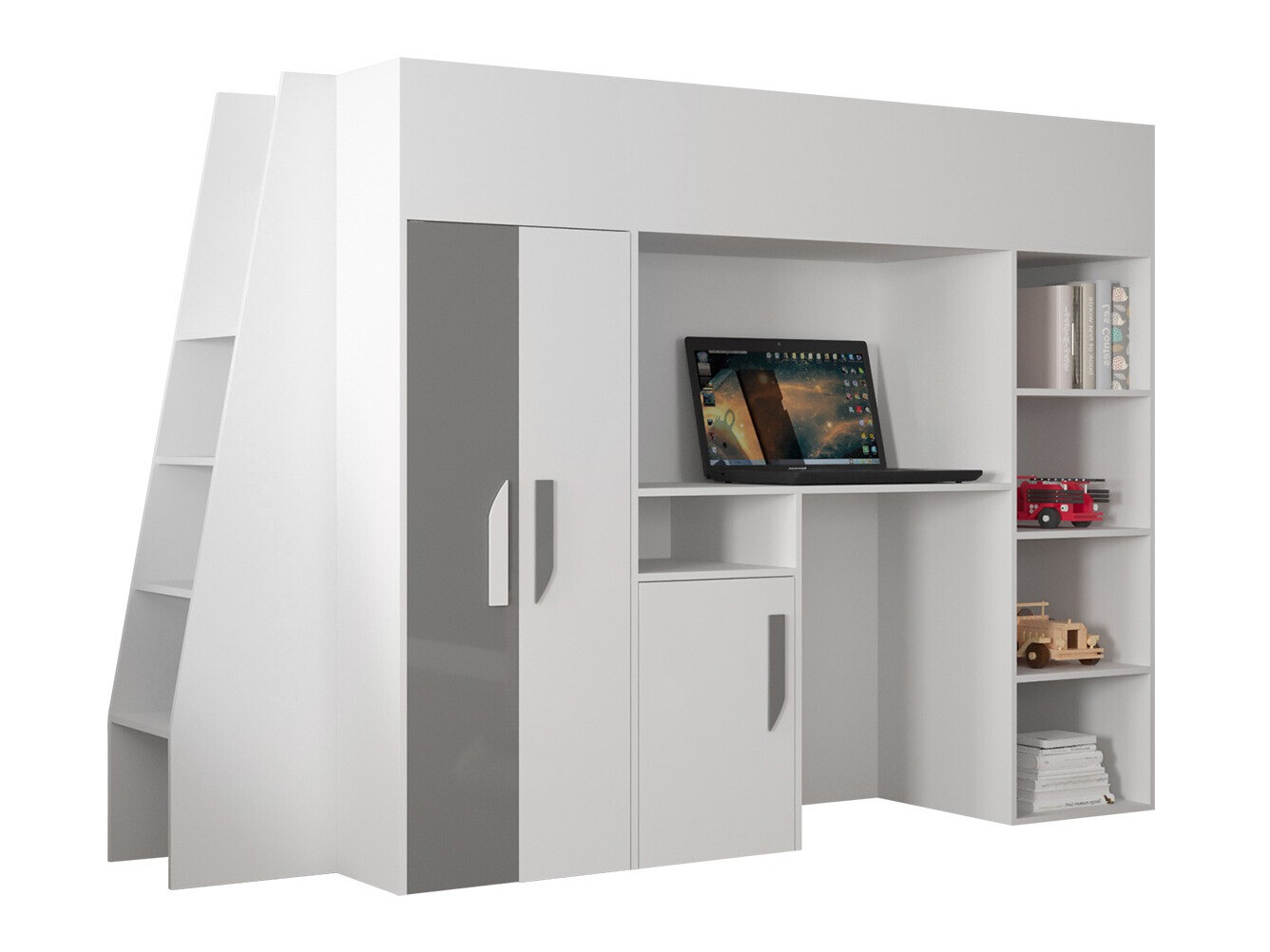 Kõrge voodi Hartford 355 (Valge + Läikiv hall + Läikiv valge)