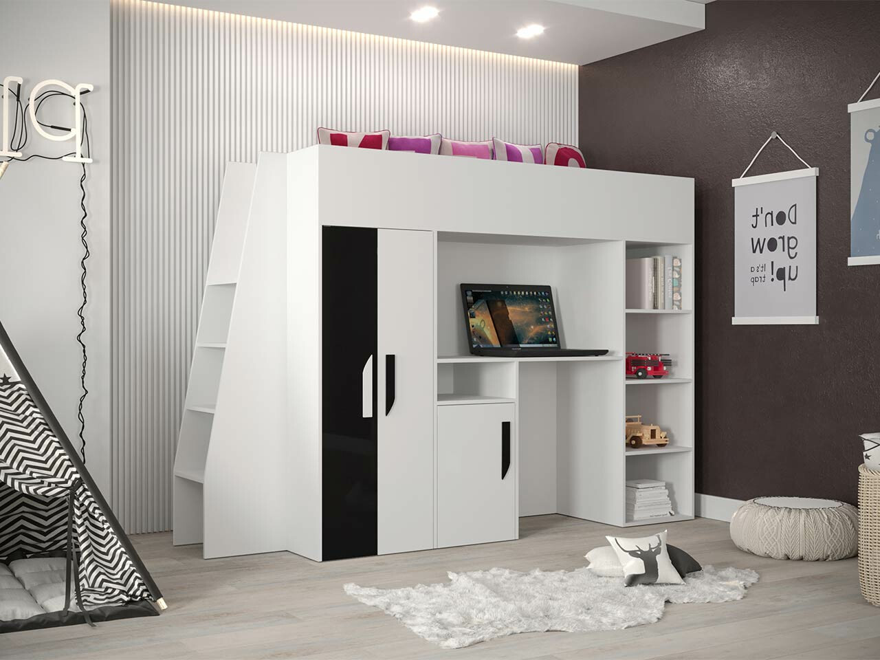 Kõrge voodi Hartford 355 (Valge + Läikiv must + Läikiv valge)