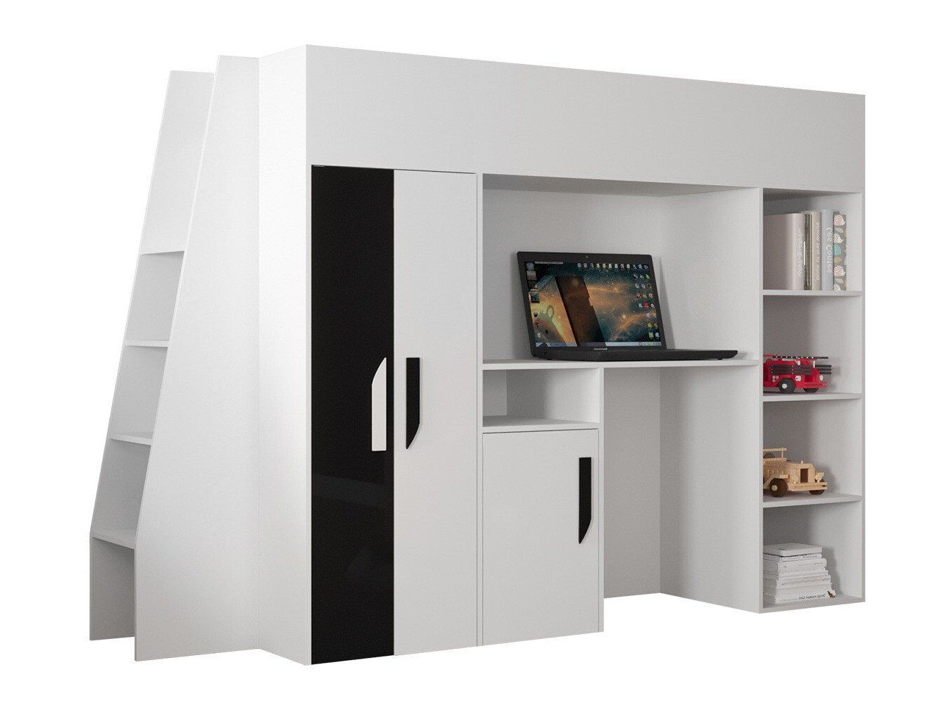 Kõrge voodi Hartford 355 (Valge + Läikiv must + Läikiv valge)