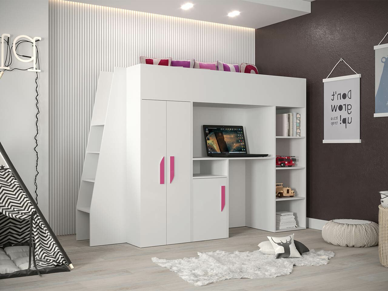 Kõrge voodi Hartford 355 (Valge + Läikiv valge + Roosikarva)