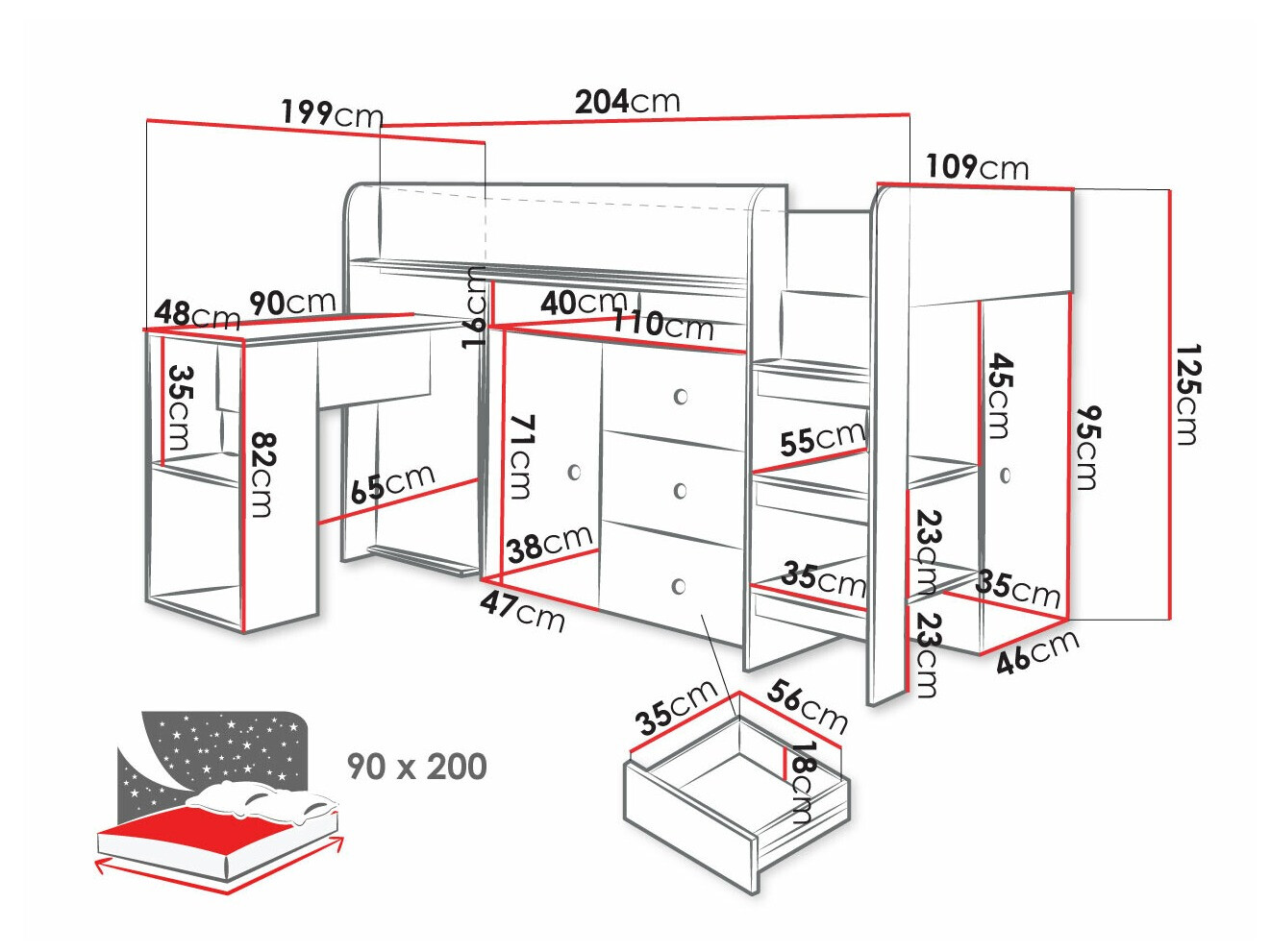 Kõrge voodi Hartford 359 (Artisan tamm + Must)