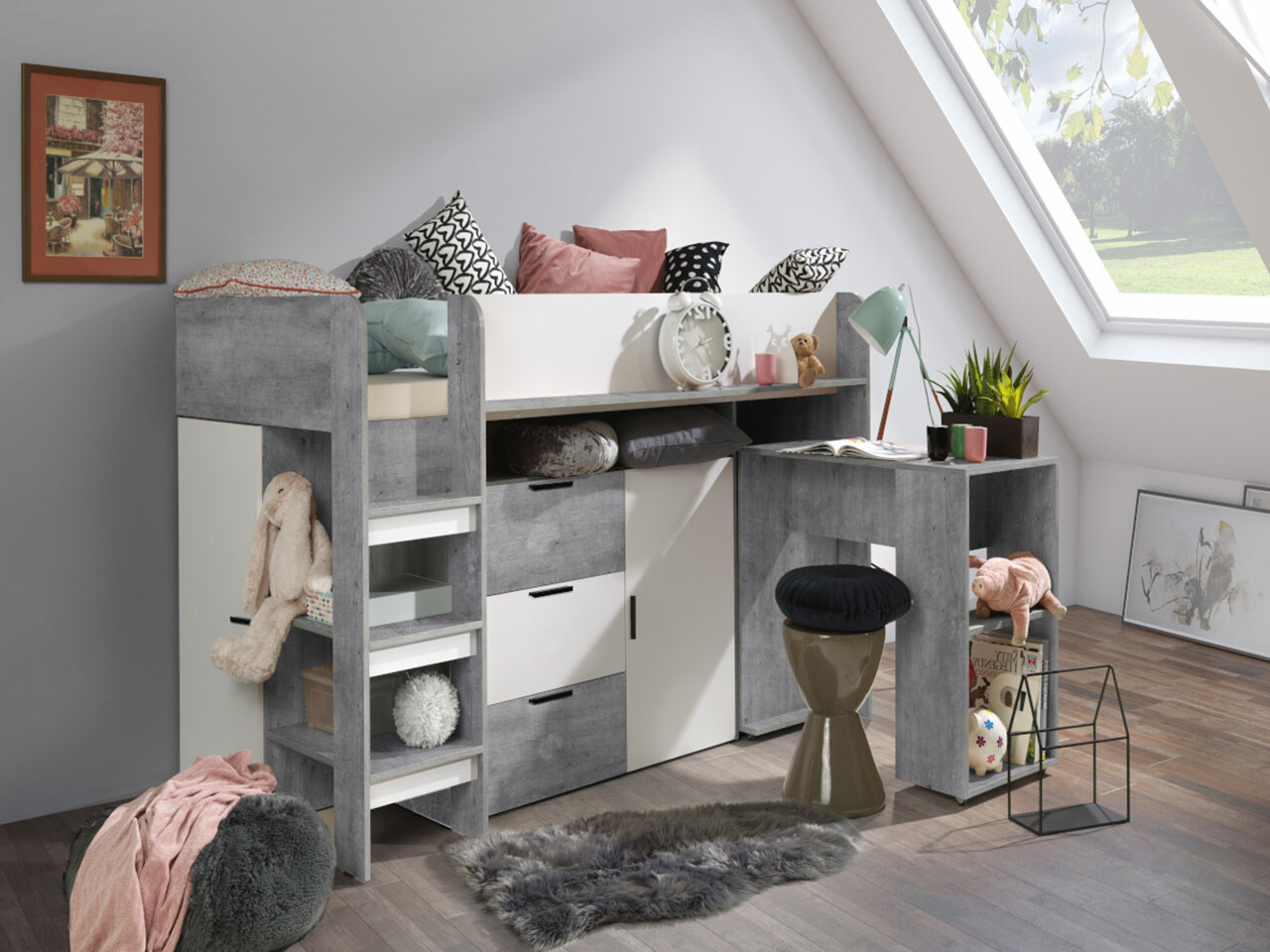 Kõrge voodi Hartford 363 (Betoon + Valge)