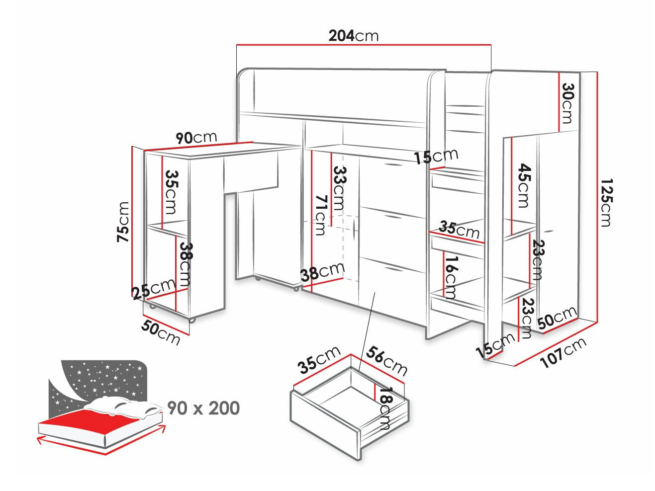 Kõrge voodi Hartford 363 (Betoon + Valge)