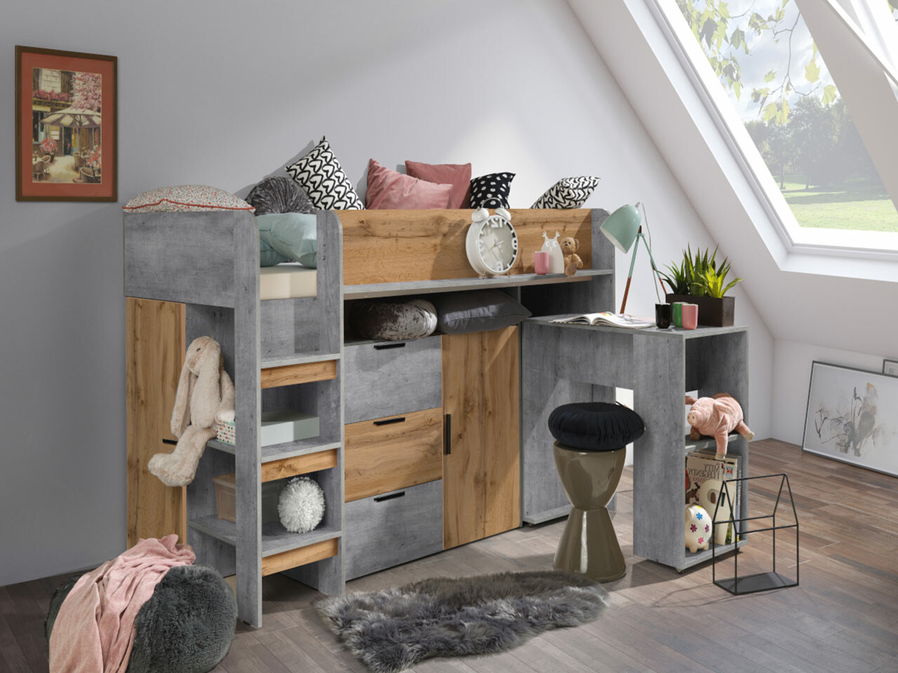 Kõrge voodi Hartford 363 (Betoon + Wotani tamm)