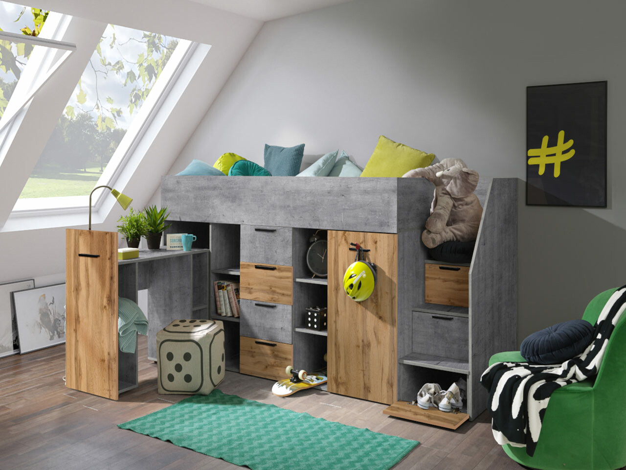 Kõrge voodi Hartford 364 (Betoon + Wotani tamm)