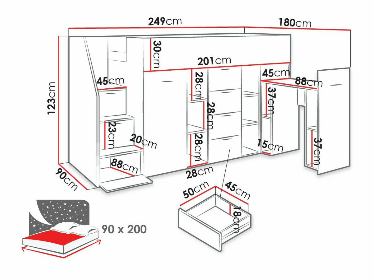 Kõrge voodi Hartford 364 (Betoon + Wotani tamm)
