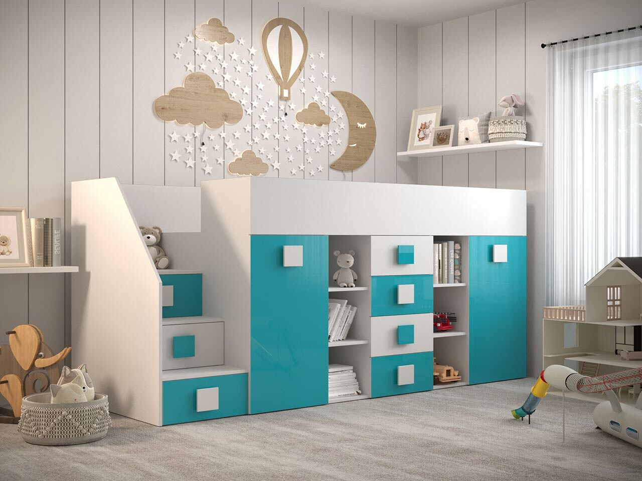 Kõrge voodi Hartford 366 (Valge + Läige Türkiis + Läikiv valge)