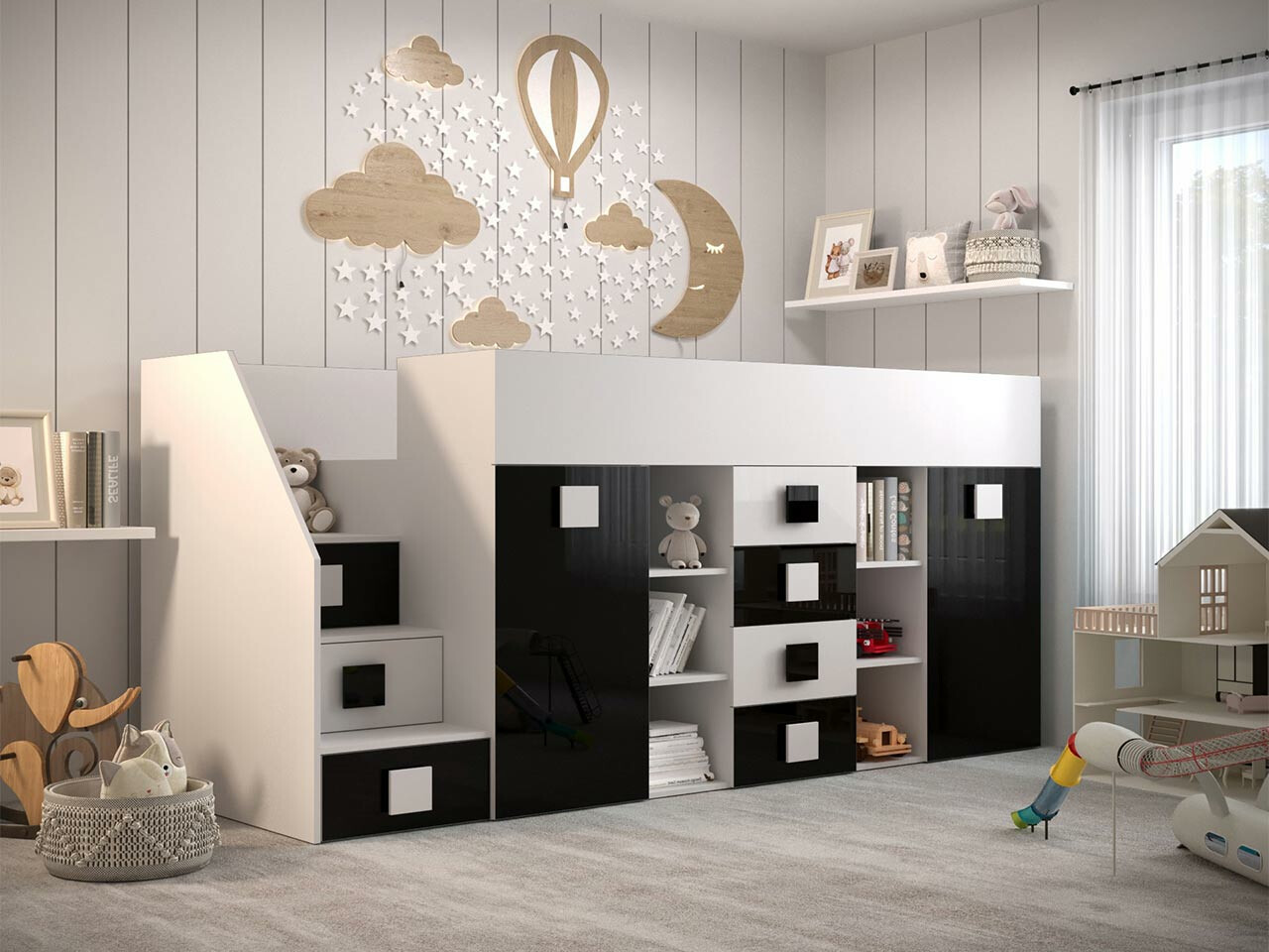 Kõrge voodi Hartford 366 (Valge + Läikiv must + Läikiv valge)