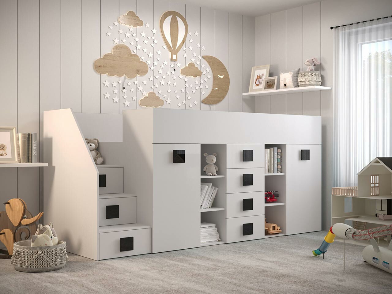 Kõrge voodi Hartford 366 (Valge + Läikiv valge + Must)