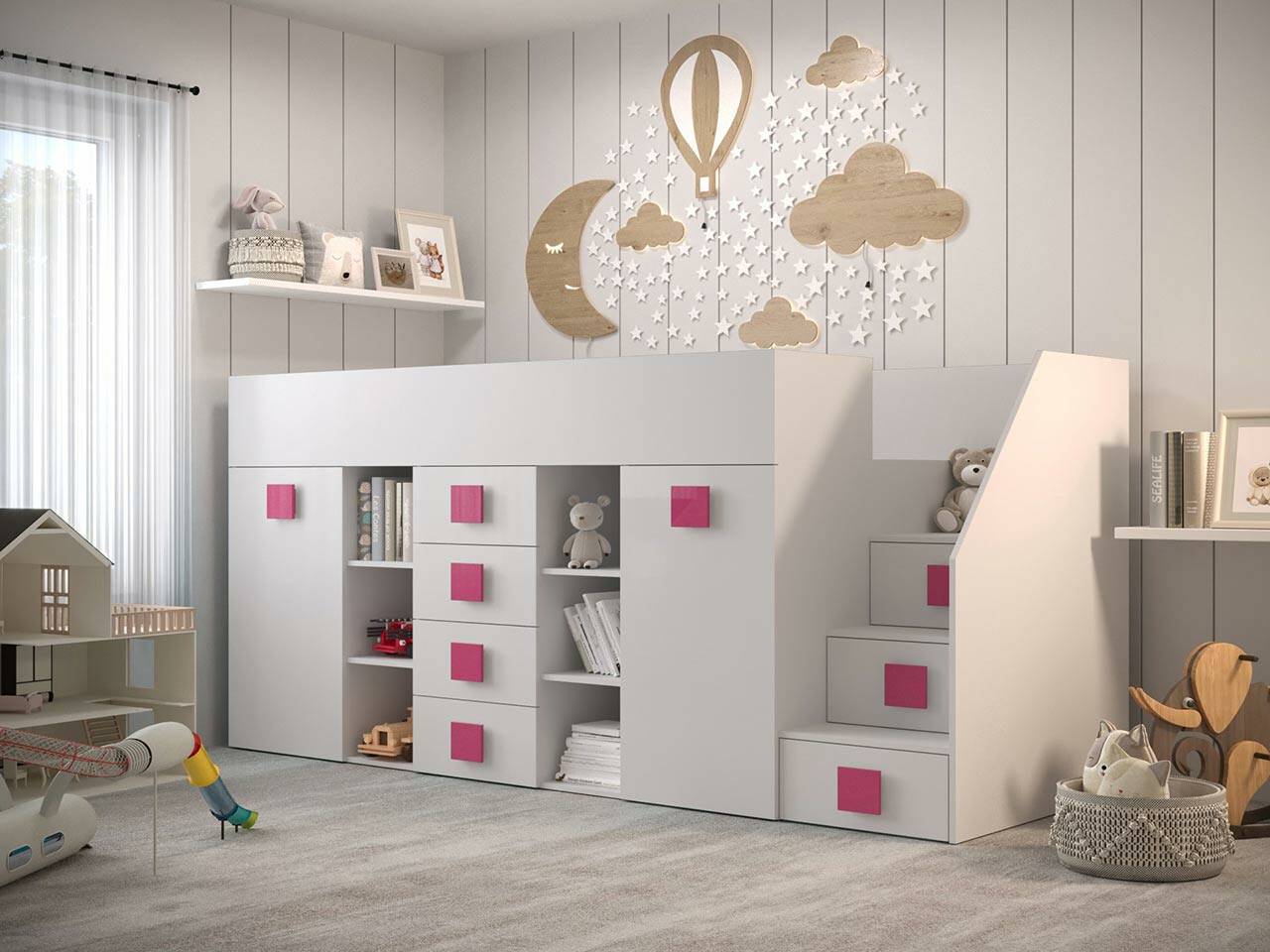 Kõrge voodi Hartford 366 (Valge + Läikiv valge + Roosikarva)