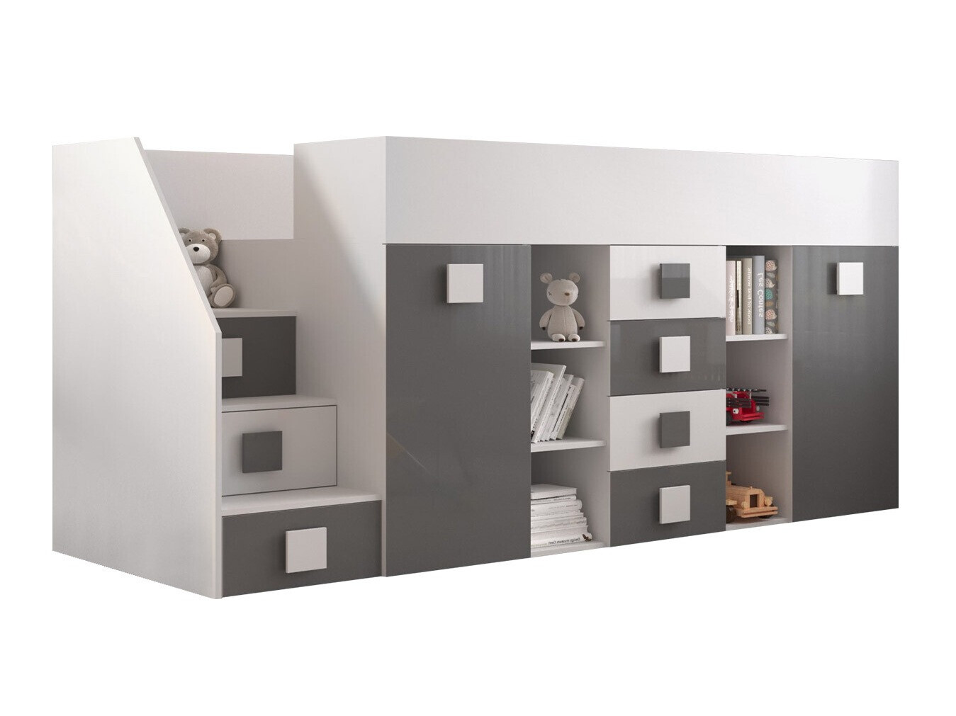 Kõrge voodi Hartford 366 (Valge + Läikiv hall + Läikiv valge)