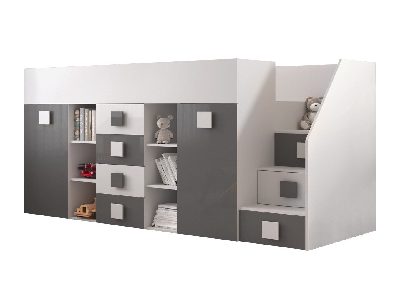 Kõrge voodi Hartford 366 (Valge + Läikiv hall + Läikiv valge)