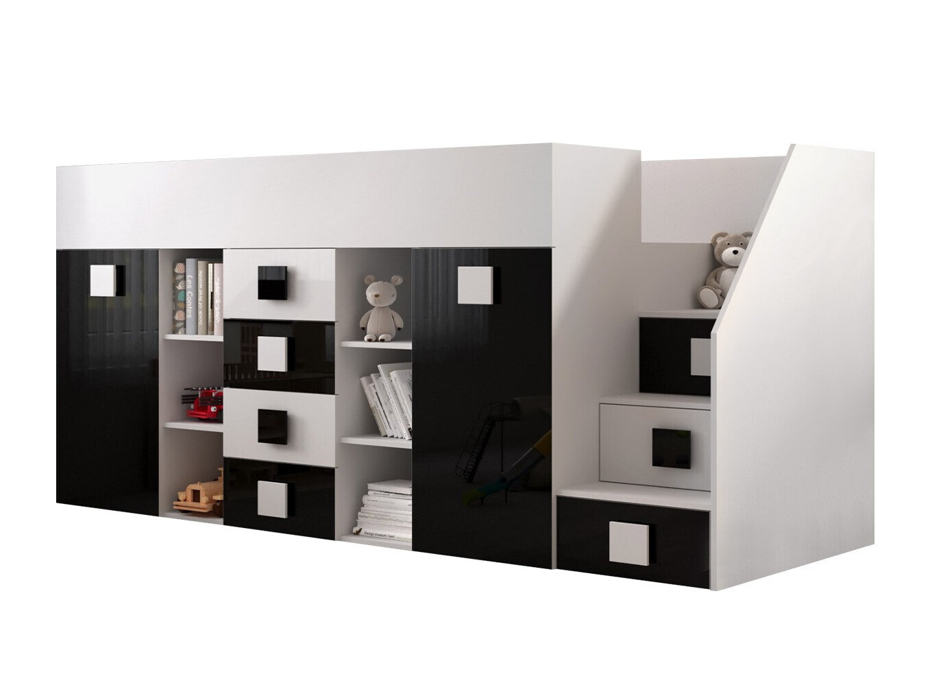 Kõrge voodi Hartford 366 (Valge + Läikiv must + Läikiv valge)