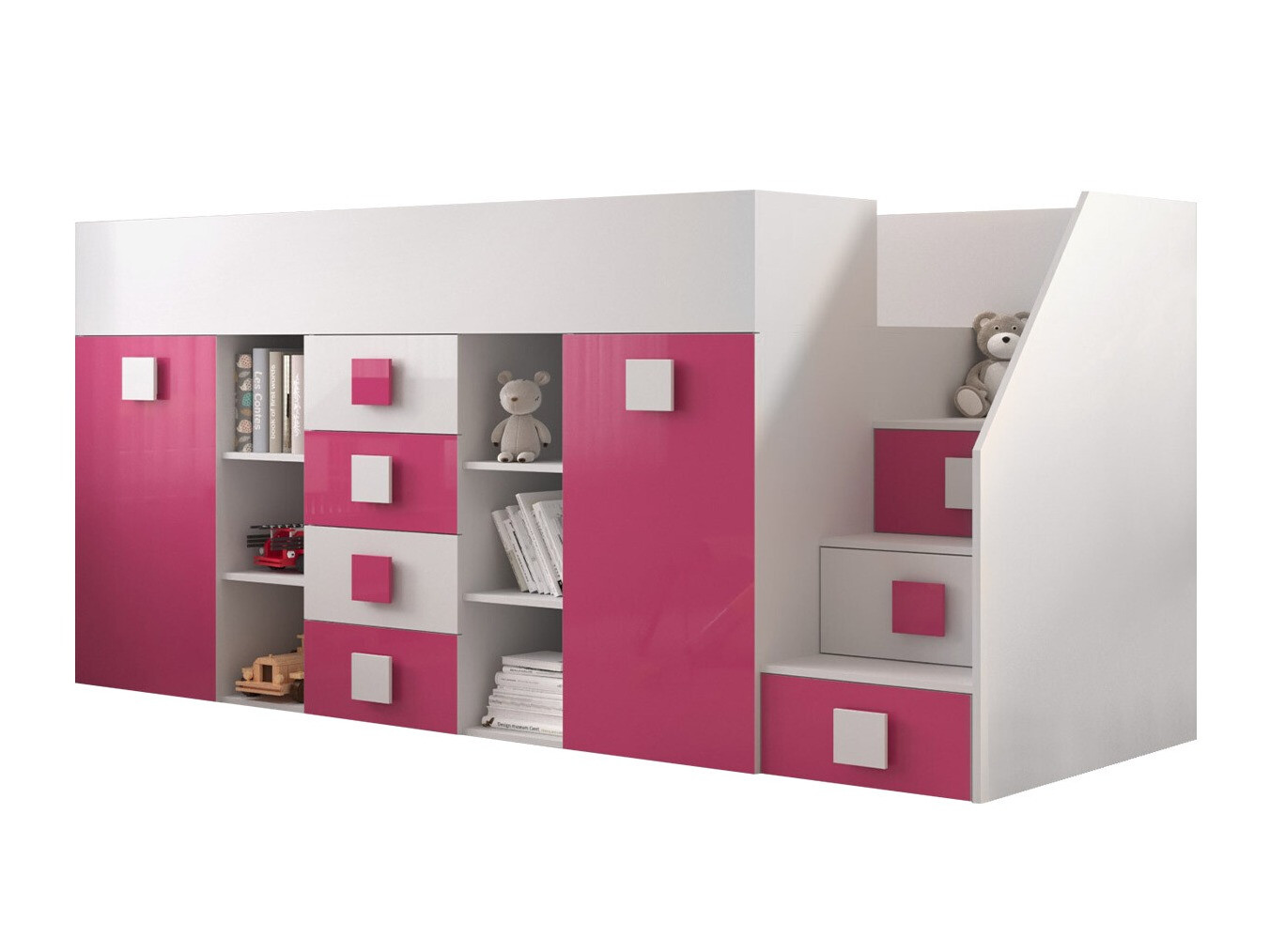 Kõrge voodi Hartford 366 (Valge + Läikiv roosa + Läikiv valge)