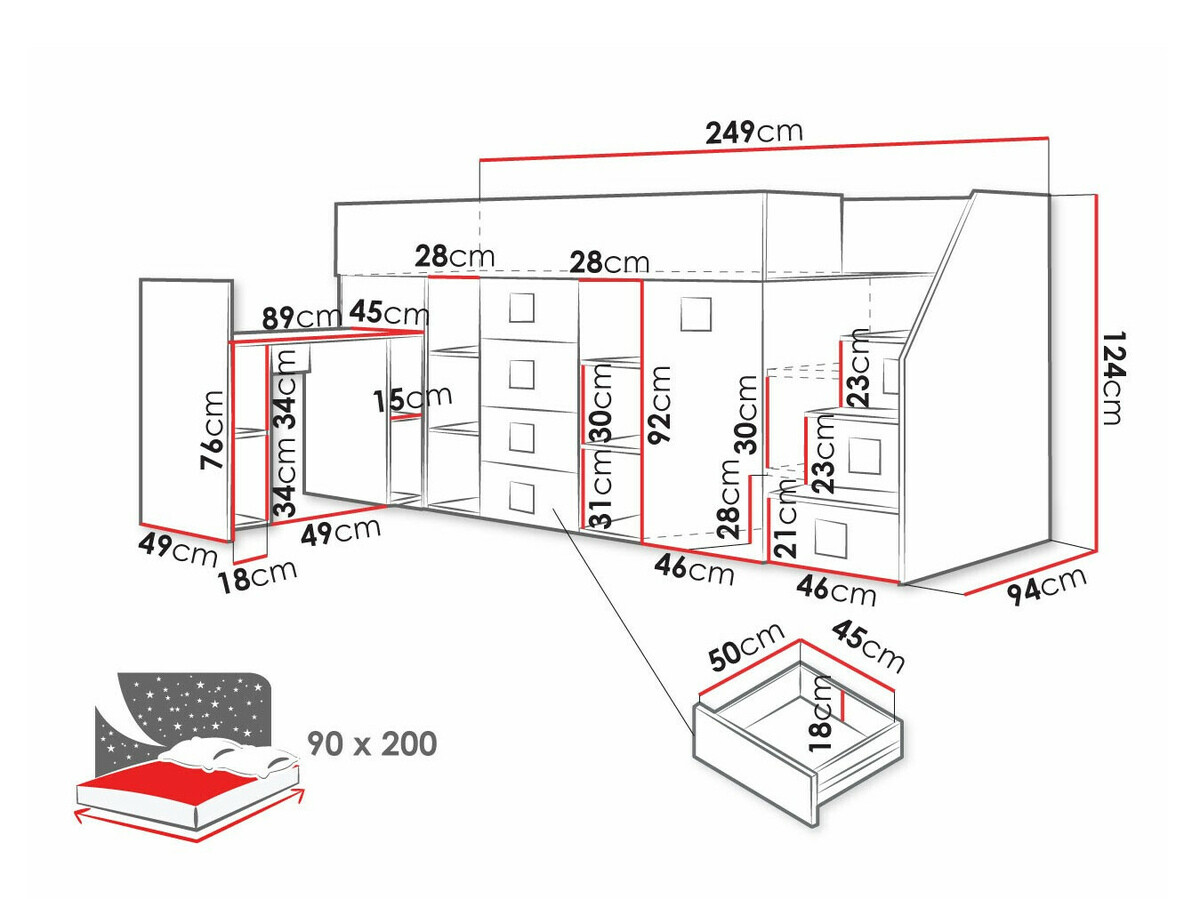 Kõrge voodi Hartford 366 (Valge + Läikiv valge + Türkiis)
