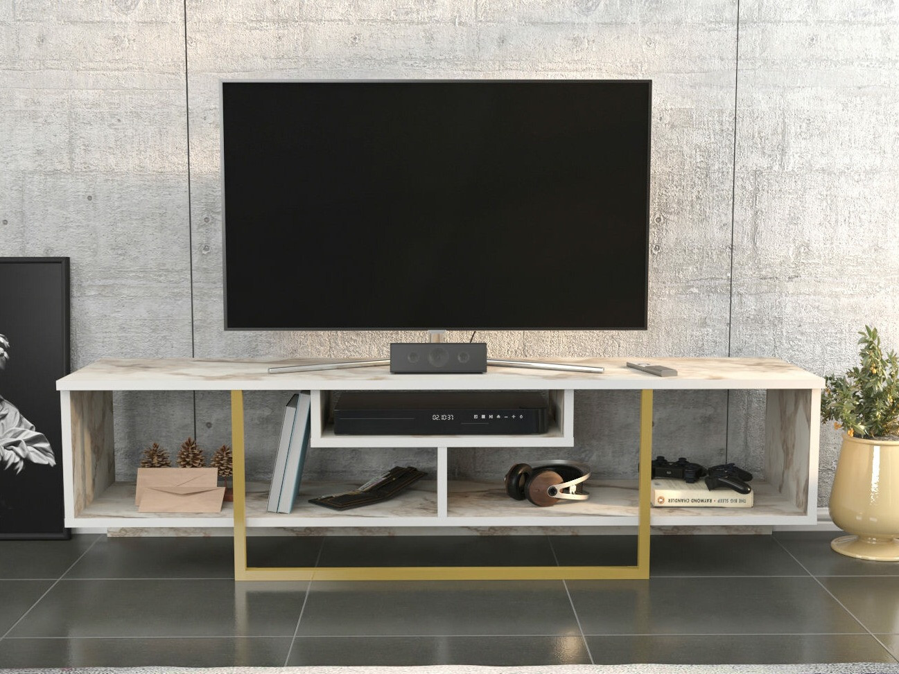 TV-alus Kailua 245 (Valge marmor + Kuldne)